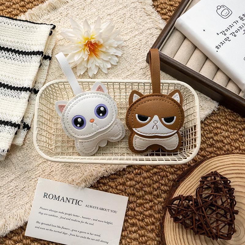 Cute Cartoon Cat Pu Leather Charm Kawaii Stitched Details For Bag Keychain Car Decor