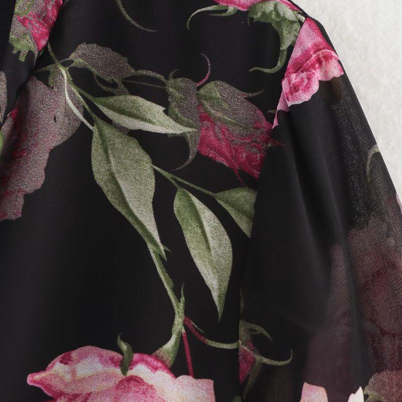 Kaslead New Arrival Women's Clothing Fashion Style Fashion Chiffon Florals Printed V-neck Waist-Tight Puff Sleeve Dress