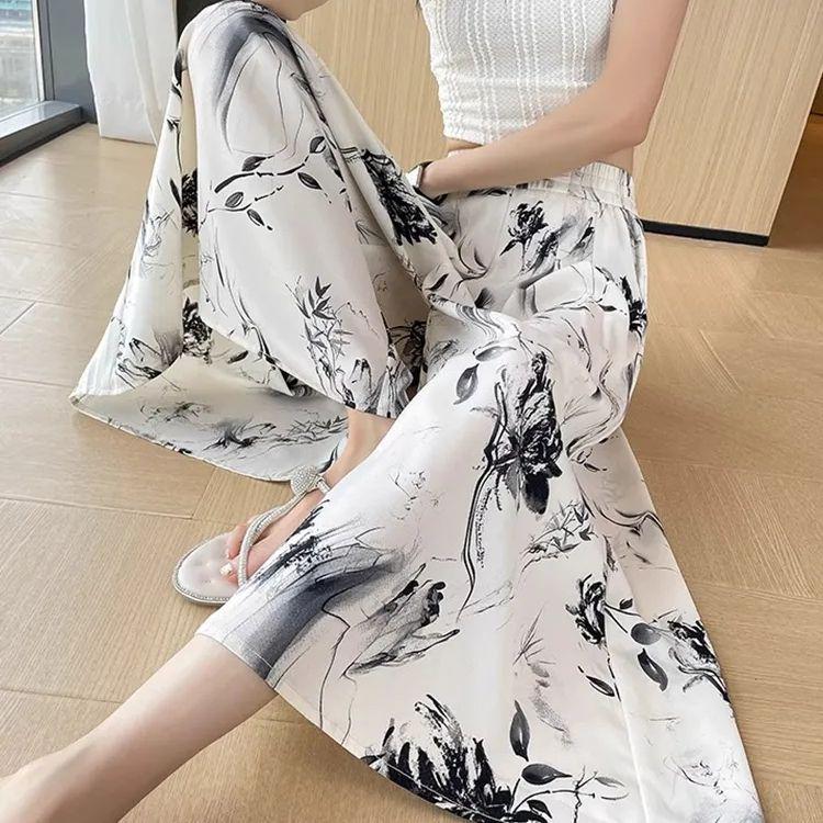 Women's High Waist Ink Print Ice Silk Wide-Leg Capri Pants - Summer 2025 Collection
