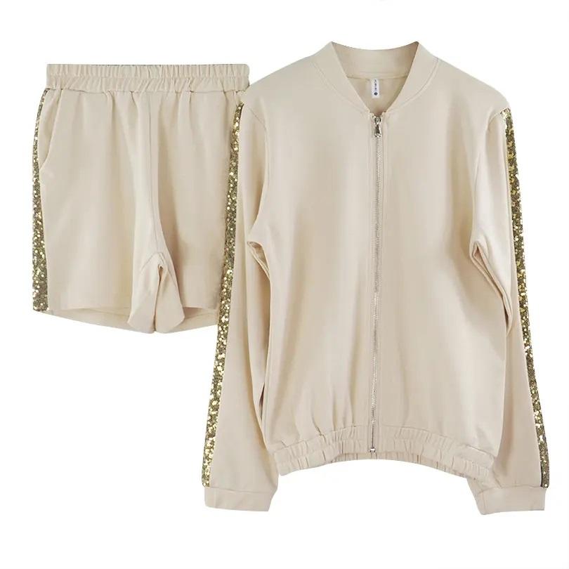 

TAOVK комплект из двух предметов, летняя одежда, куртка на молнии и шорты, костюм, спортивная одежда, спортивный костюм, одинаковые комплекты, женский спортивный костюм L абрикосовый