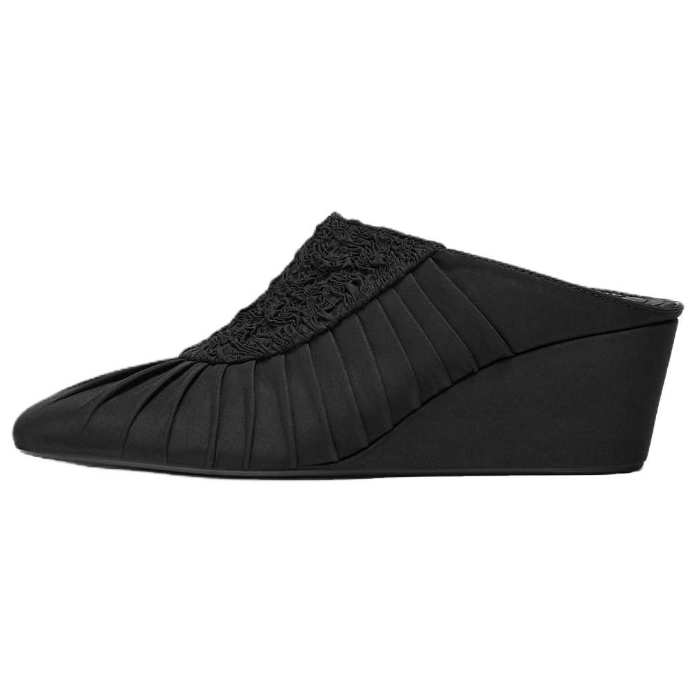 Zara Fanglu Lin Collaboration Slip-On Comfortable Design Pleated Fabric Wedge Heels Rubber Sole Anti-Wear Closed-Toe Mules Women Footwear 1830510800