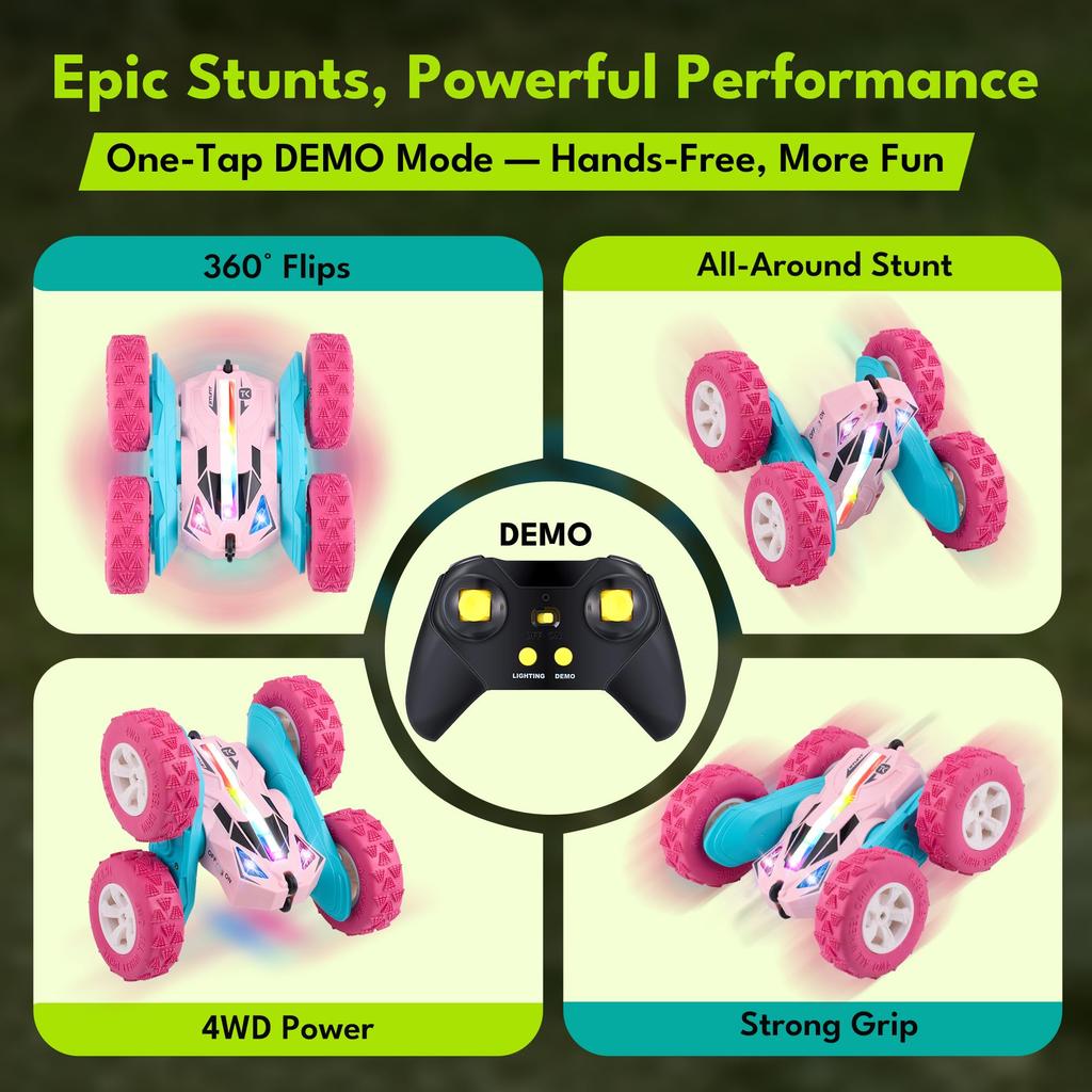 Threeking Remote Control Car for 4WD Stunt Remote Control Car with Birthday Gift for Boys and Indoor and Outdoor Suitable for Children Ages 6 and Pink
