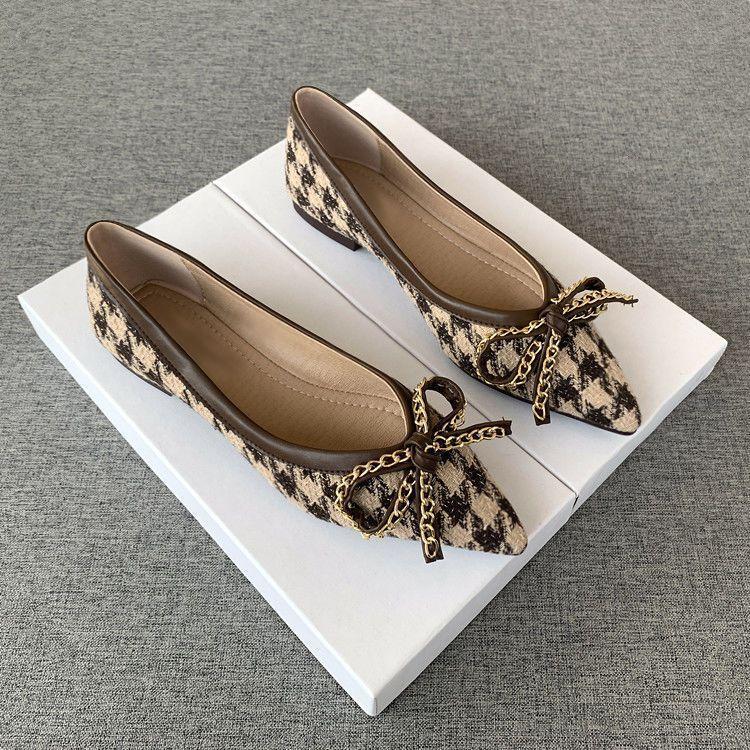 Pointed Flat-soled Single Shoes Women's New Thousand Bird Grid Bow Lady Shoes Comfortable Versatile Soft Sole Four-season Ladyshoes