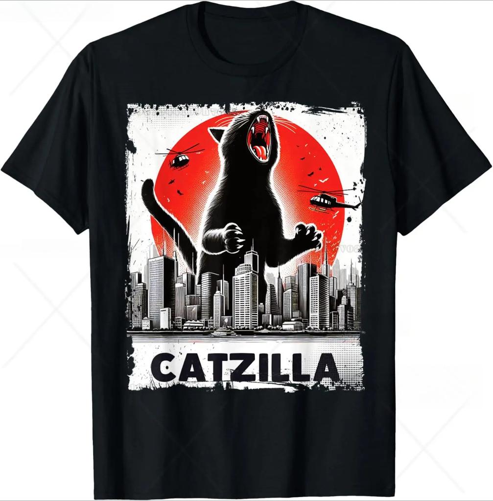 Funny Cartoon Comic Style Japanese Art Catzilla Cat Gifts for Women TShirt Unisex Cotton Oneck Tee Top Fashion Fitness T Shirt