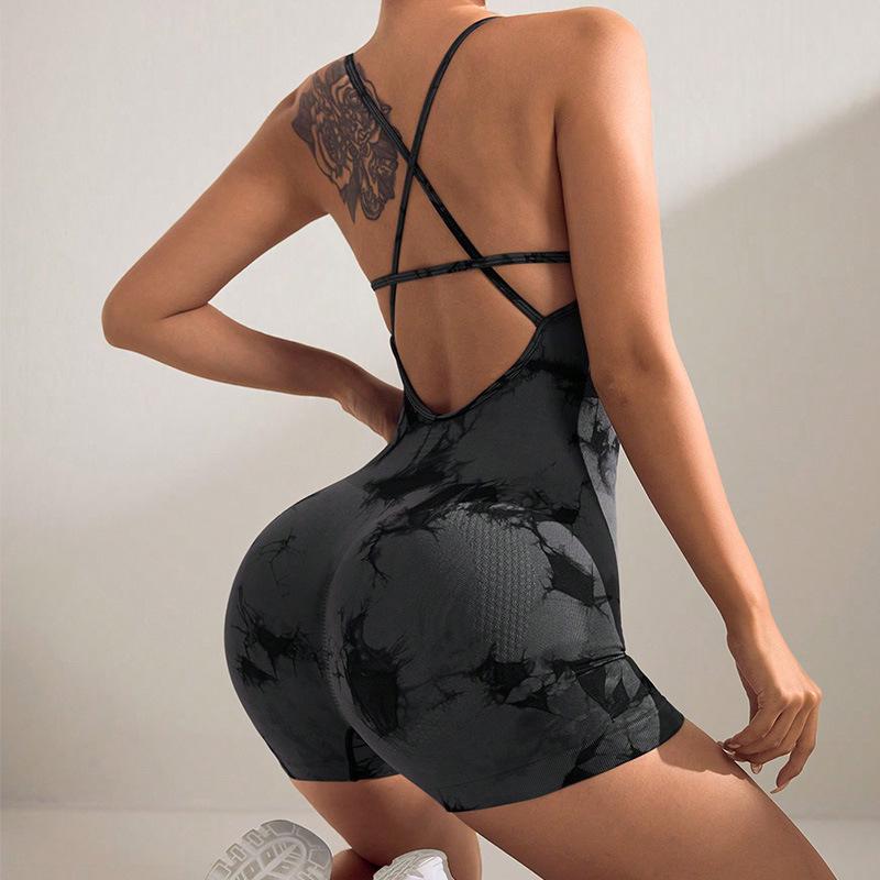Europese & Amerikaanse Tie-Dye Yoga Bodysuit met Borstkussentjes, Gekruiste Rug - Stijlvolle Camisole voor Fitness