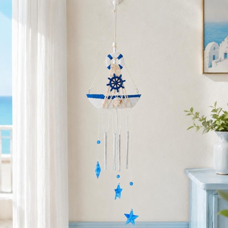 Coastal Wind Chimes with Blue and White Sailboats, Carving and Painted Detail, and Metal Tube, Star Pendants for Entryway Decors