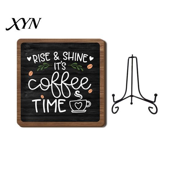 Cafe Store Decorations Coffee Themed Wooden Tabletop Sign, Rustic Kitchen Bar Plaque with Iron Station Accessories Stand, Farmhouse Home Dining