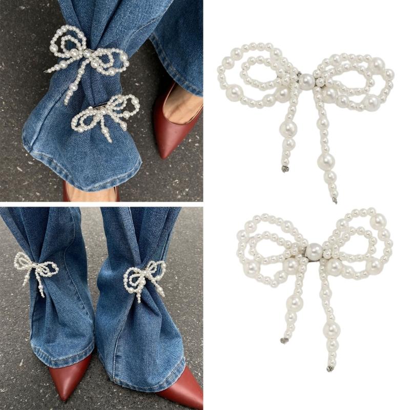 Spilla con Fiocco in Resina Elegante con Perle Finte Clip per Orlo dei Pantaloni Catena Leggera per Polsini per Outfit Casual