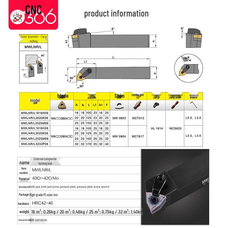 95° CNC Lathe Tool Holder for Outer Diameter Turning: MWLNR2020K08/2525M08/1616H08