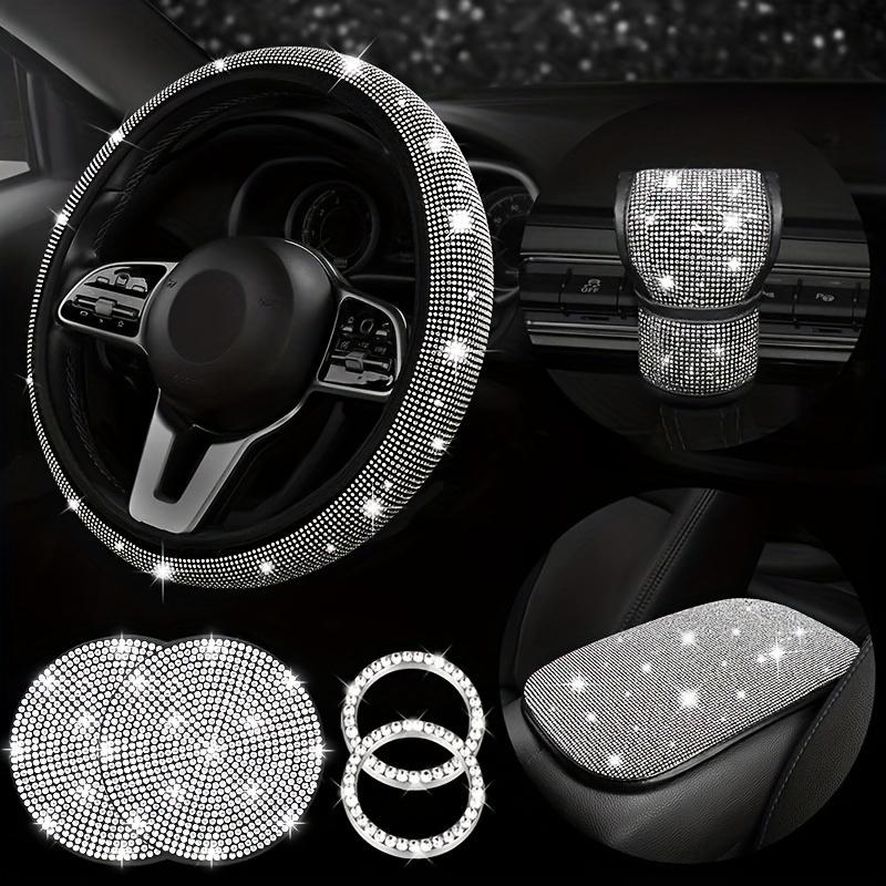 7pcs Bling Car Accessories For Women, Bling Steering Wheel Cover Bling Car Coasters Bling Car Armrest Box Mat Ring Emblem