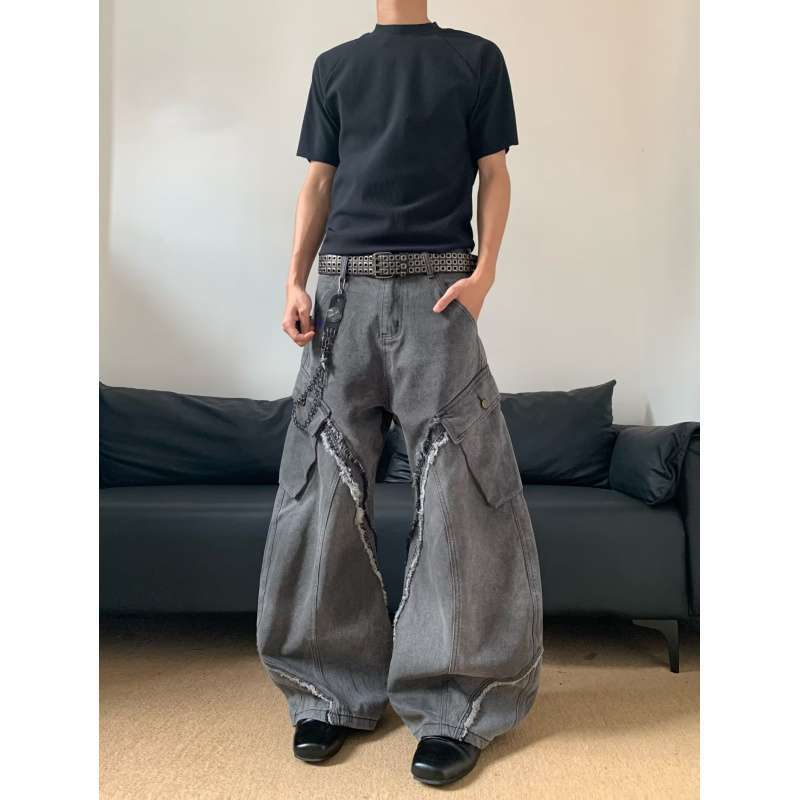 JYL Unisex Wide-Leg Jeans American New Vintage Washed Raw Edge Loose Bootcut Denim