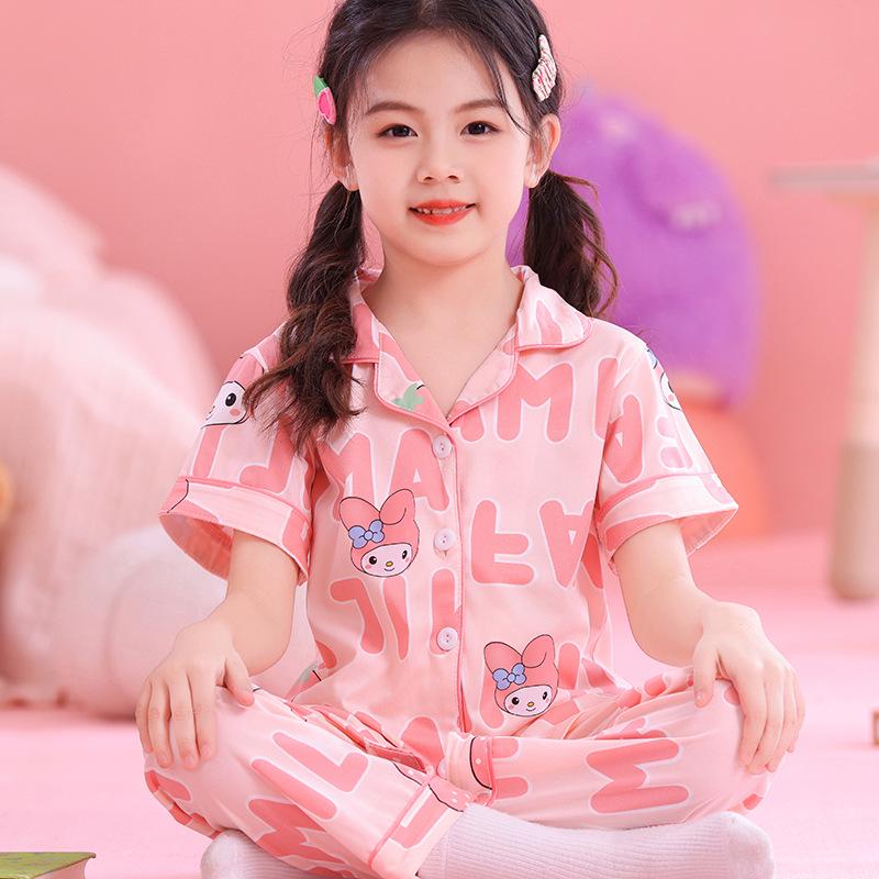 Kuromi Girls' Spring/Autumn Pajama Set with Short Sleeve Cardigan and Long Pants for Indoor/Outdoor Wear