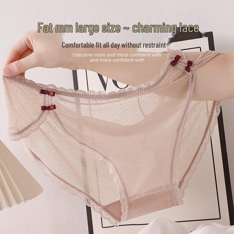 Soft & Cute Cheongsam: Sexy Lace Plus Size Women's Panties with Double Bow, Ice Silk Mesh, Mid-Low Waist.