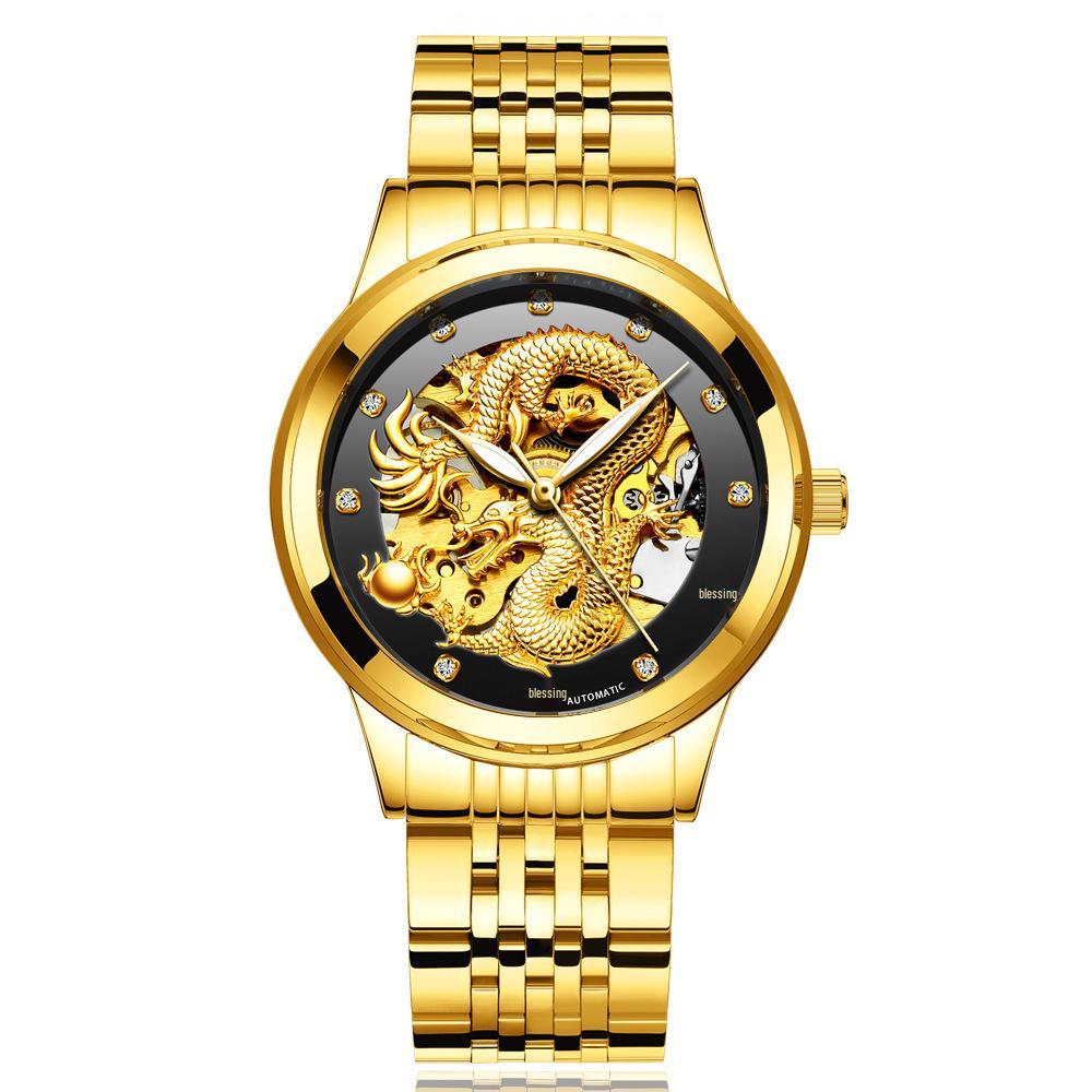 Modun Men's Gold Dragon Pattern Automatic Skeleton Watch with Genuine Leather Strap and Waterproof Multifunctionality