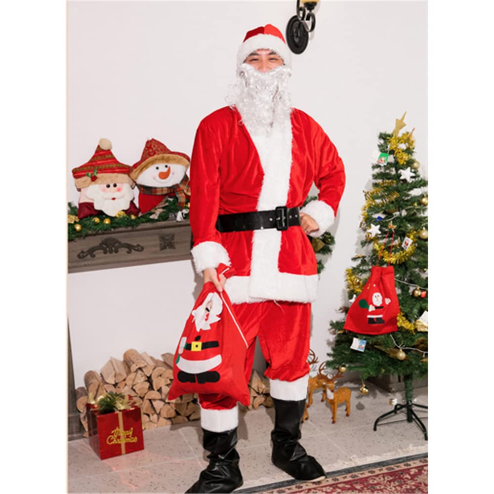 SYitong Santa Claus Costume for Adults, Includes Santa Cosplay Outfit and Shoe Covers, 6-Piece Set for Men and Women, Fun Christmas Costume (M)