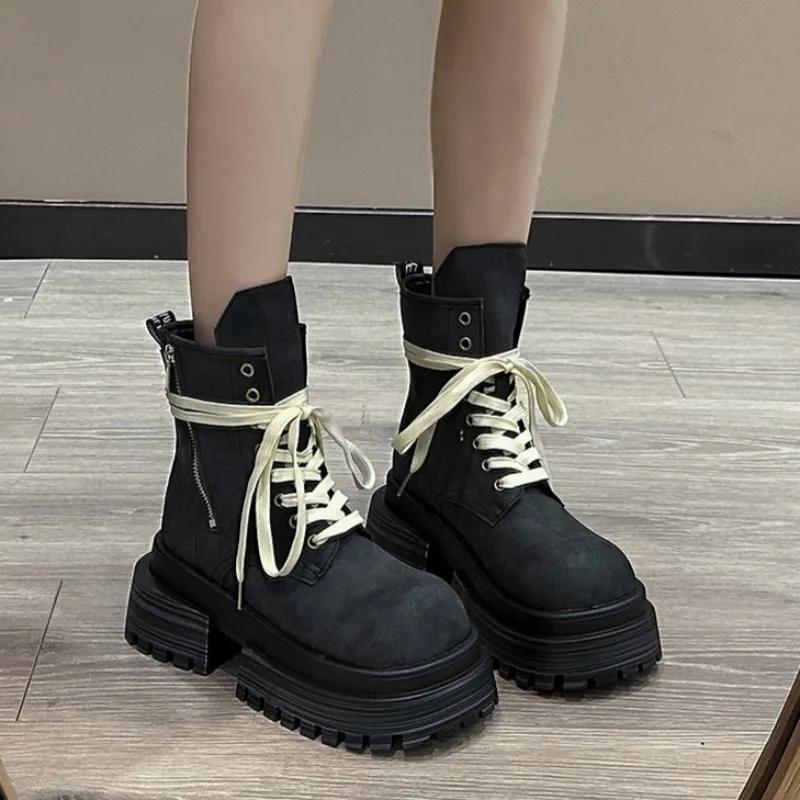 Women's Boots 2024 New Thick-soled Thick-heeled Knight Boots Zapatos Lace-up Design Punk Style Zipper Casual Motorcycle Boots