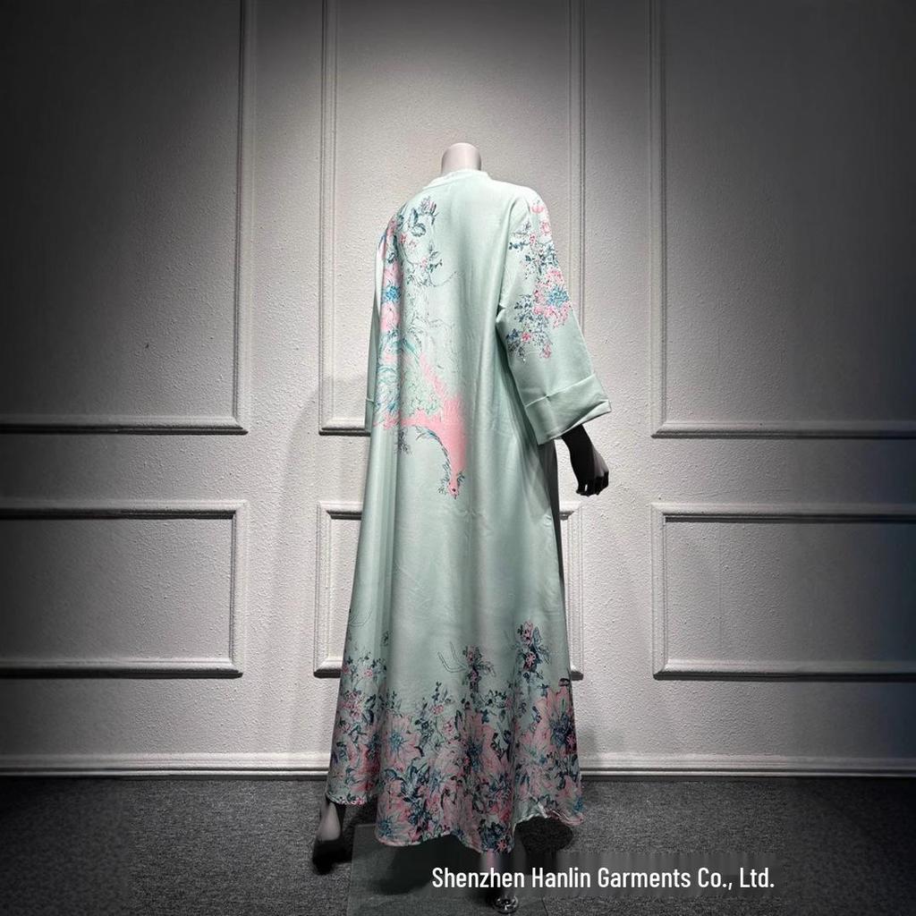 SM003 Muslimisches Jalabiya-Print-Langarmkleid mit Heißbohren - Damenbekleidung im Dubai-Stil