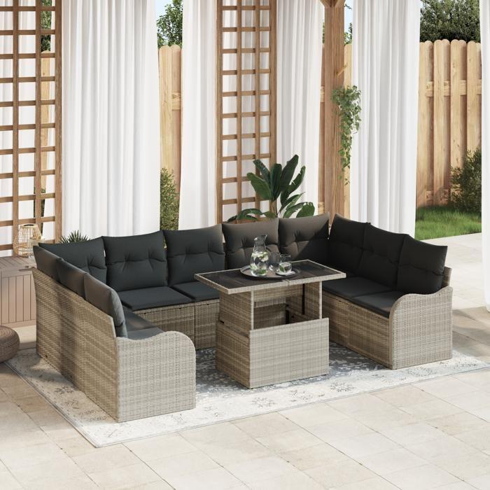Ensemble de canapé de jardin 10 pièces avec coussins gris clair en rotin poly, Canapé de jardin 2 places avec coussins gris 3348528
