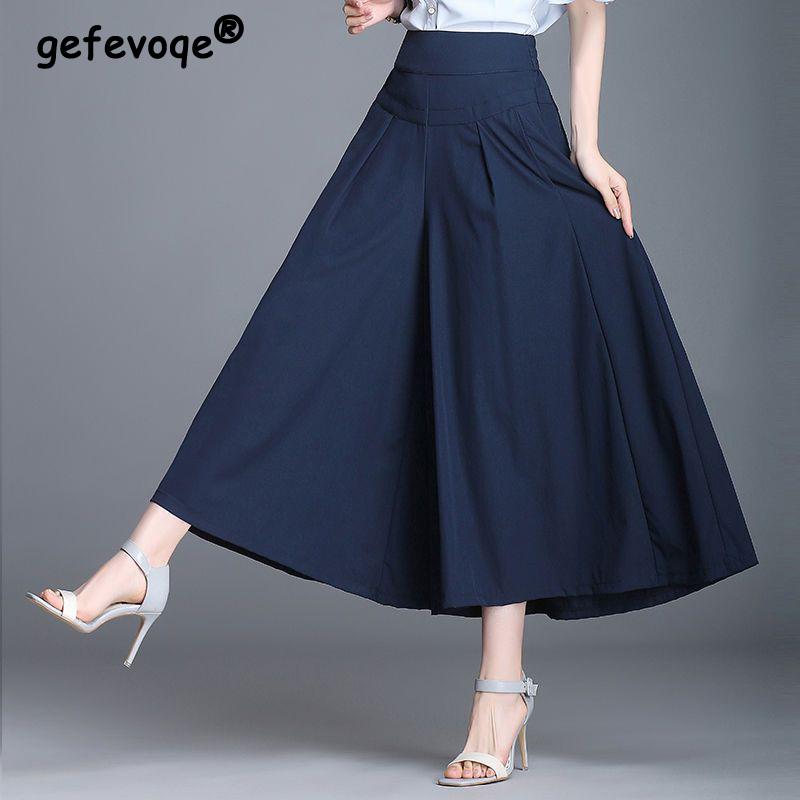 Women Clothes Korean Fashion High Waist Elegant Wide Leg Pants Summer Office Lady Solid Loose Pockets Skirt Trousers Pantalones