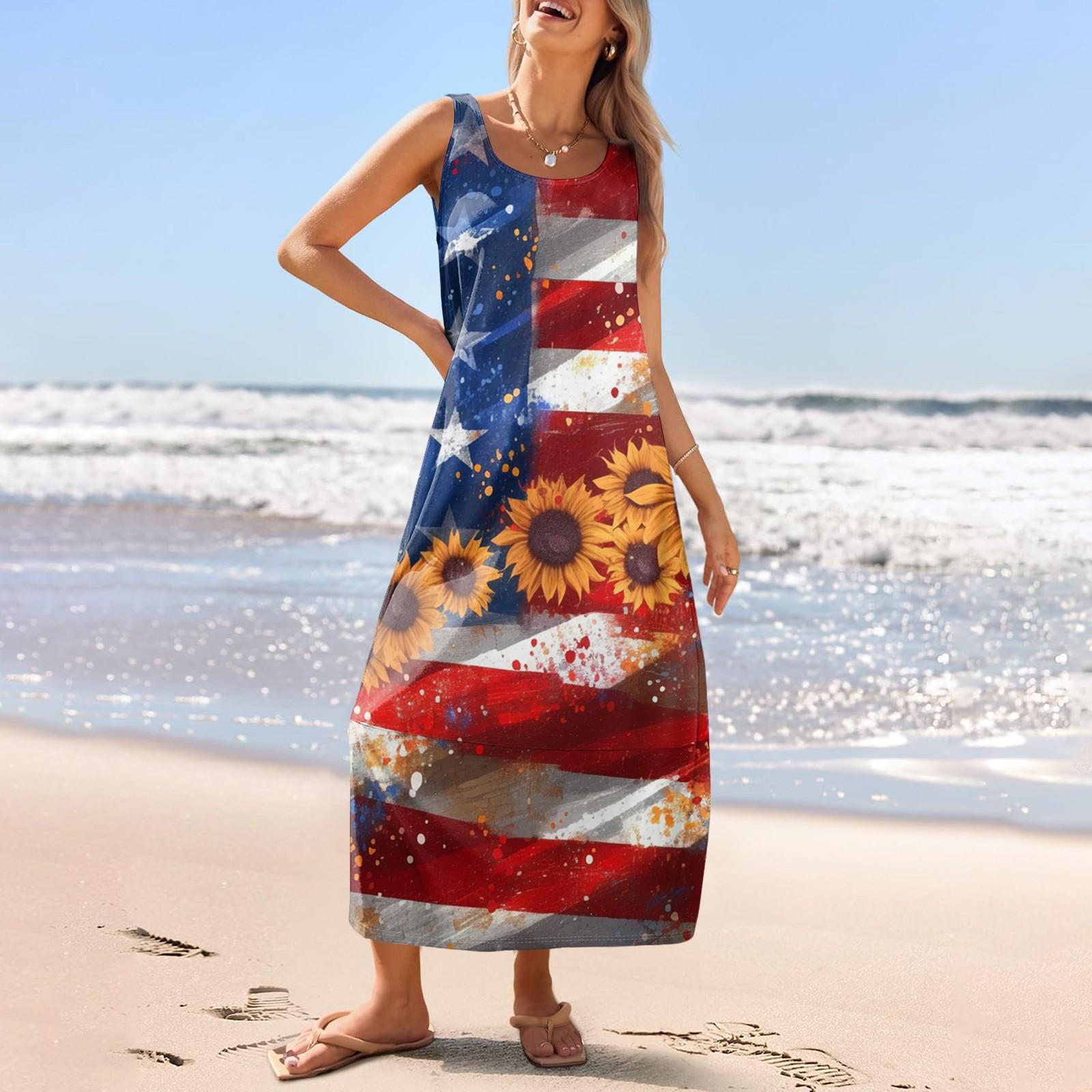 

Women s Casual Long-length Sundress Summer Beach Dress Round Neck Sleeveless Loose Sundress M винний