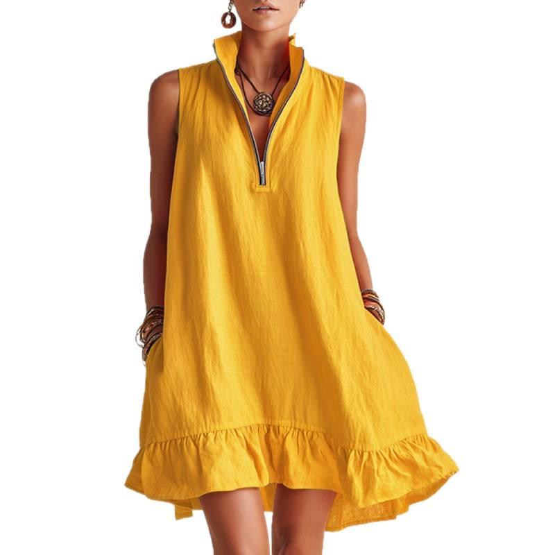 Summer European and American new fashionable simple sleeveless solid color casual stand-up collar pleated dress