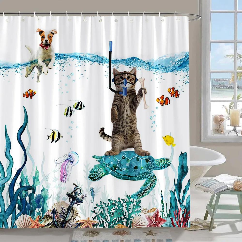 Cute Funny Dog Shower Curtain Cat Riding Dinosaur Funny Pet Cartoon Shower Curtain Boys Girls Bathroom Decor Shower Curtains