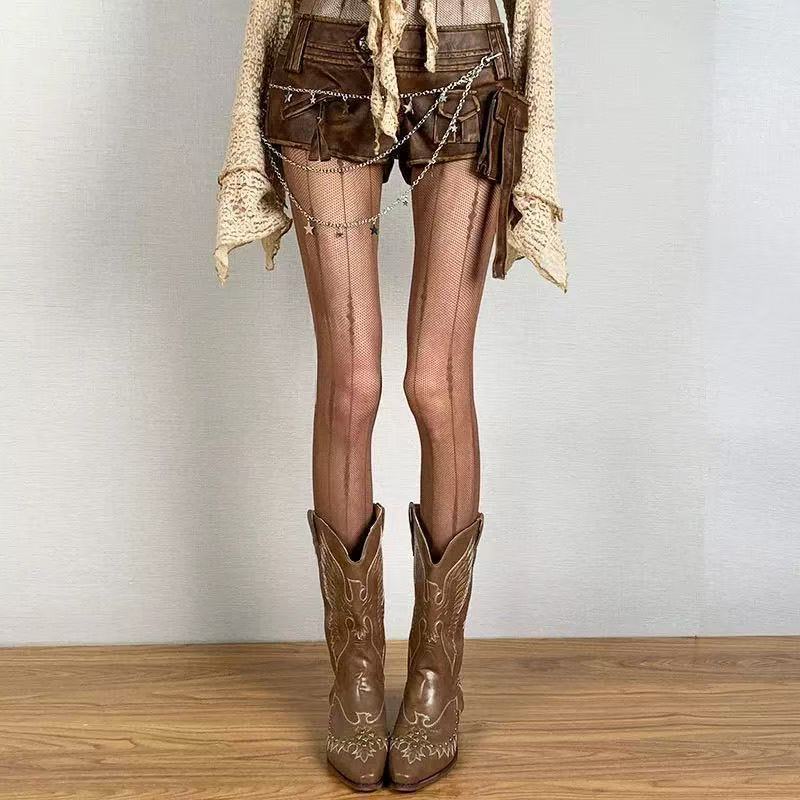 Vintage Brown Stockings Women'S Spring And Autumn Summer Ultra-Thin Striped Y2K Jacquard Lace Sexy Hollow Fishnet Pantyhose