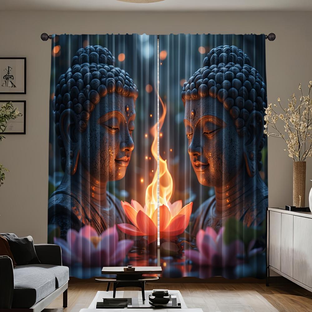 2Pcs Polyester Buddha Inspired Versatile Printing Window Curtains Birthday Party Decoration Backdrop Drapes for Living Room