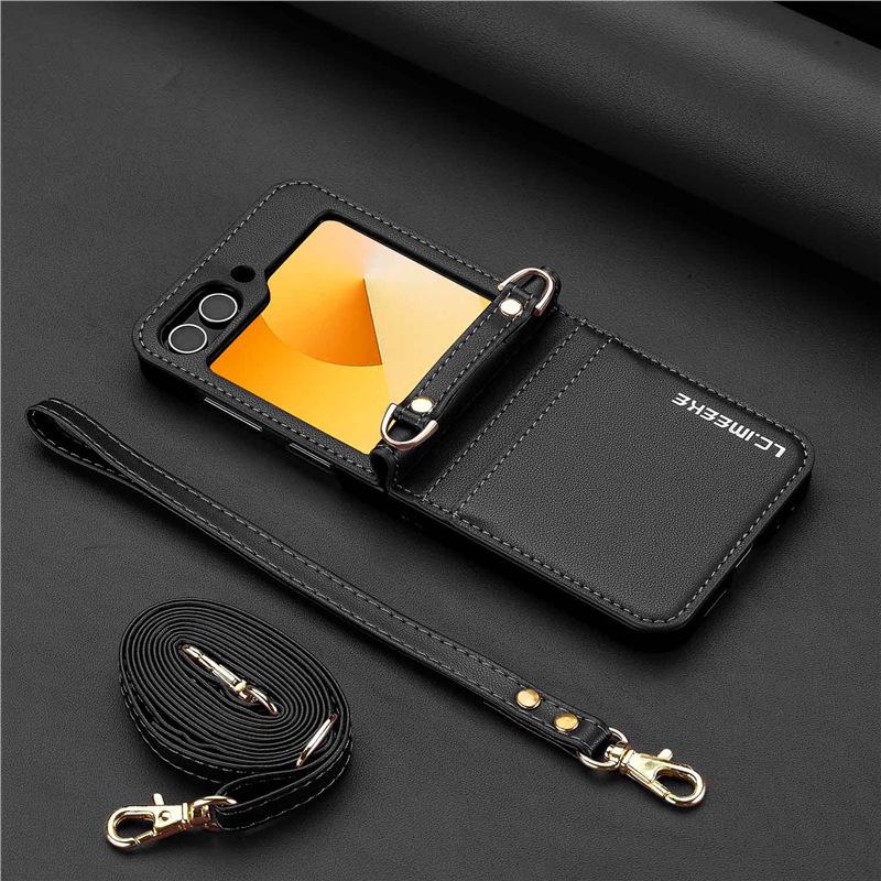 Compatible with Samsung Z Flip7/6 Leather Crossbody Strap Case, Z Flip5 Card Slot 3-Fold Cover.