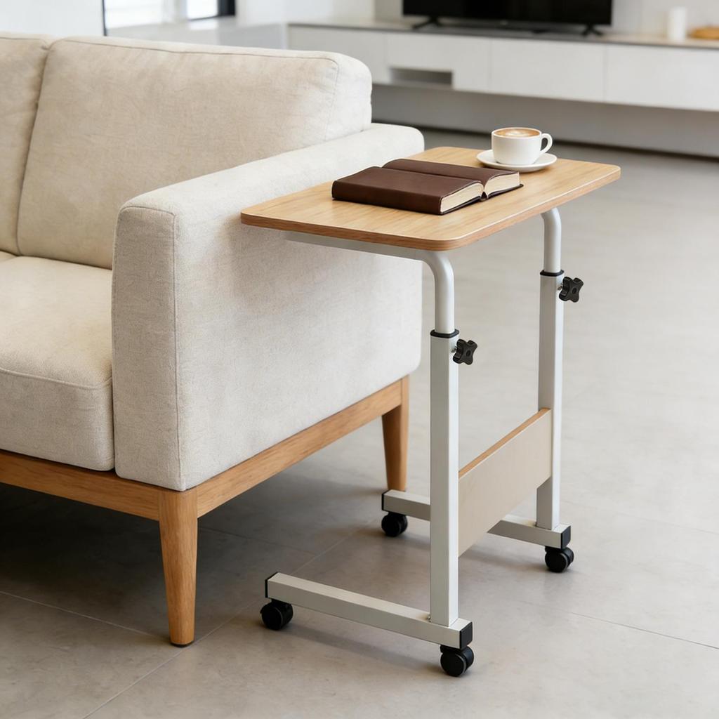 Height-Adjustable Mobile Laptop Desk – Rolling Computer Table with Lockable Wheels – White & Wood – 40 x 40 x 70-90 cm