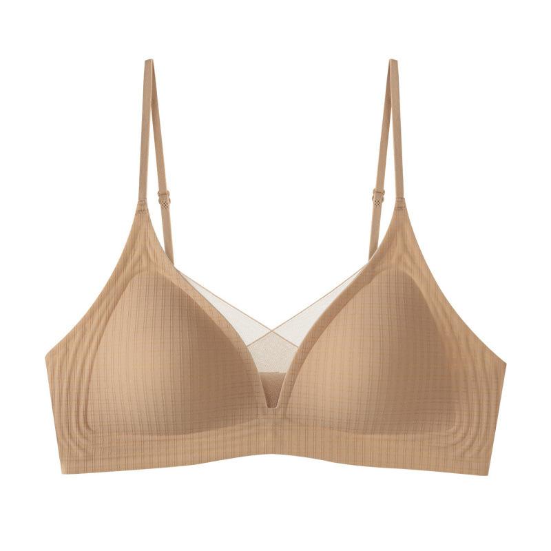 French Triangle Cup Seamless Steel Rim Underwear Women's Beauty Back Mesh Semi-fixed Light and Breathable Comfortable Bra Cover