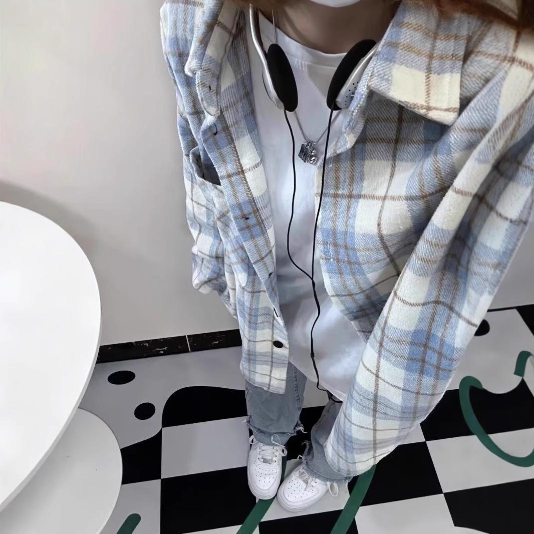 

Женская ретро клетчатая свободная рубашка-куртка - Топ с длинным рукавом для многослойности на весну/осень M