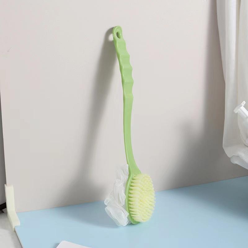 Dubbelzijdige badschrobborstel met zachte haren en lange ergonomische handgreep voor exfoliëren en rugschrobben