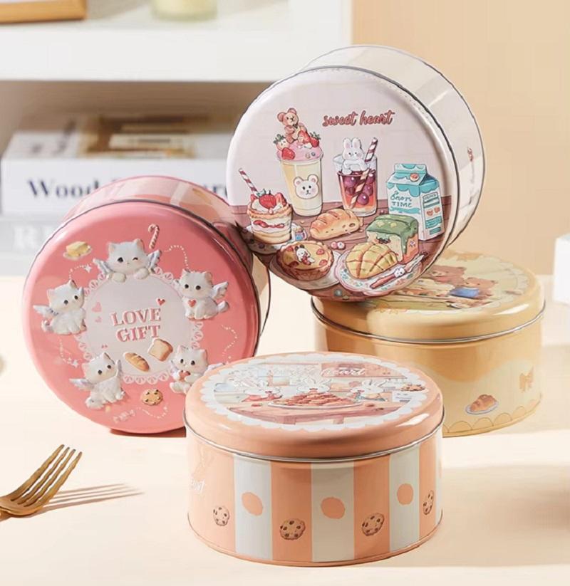 1pcs Cartoon Storage Box Empty Iron Box Large Round Tin Box for Candy Baking Cookies Packaging Kitchen Storage Container