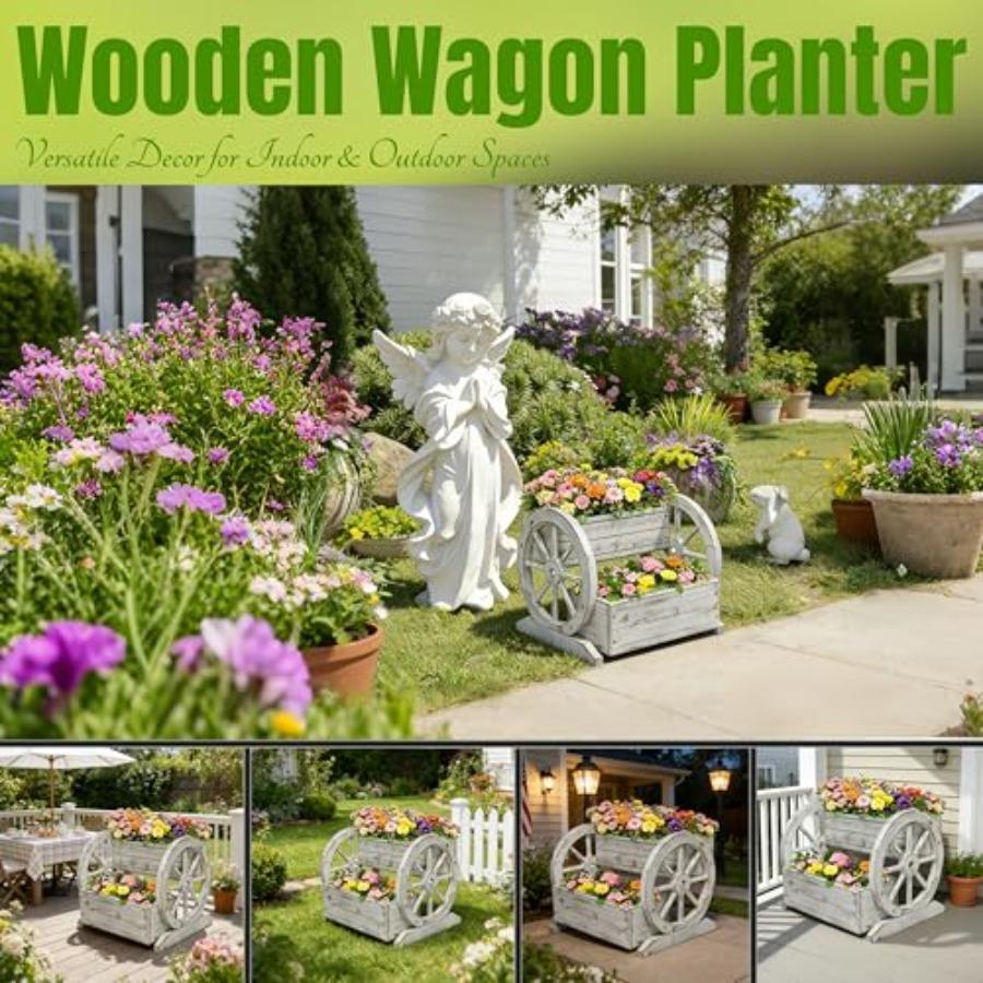 NestNature Wooden Wagon Planter Box Raised Garden Bed Decorative Garden Planters with Wheels for Indoor Outdoor Decor Plants in