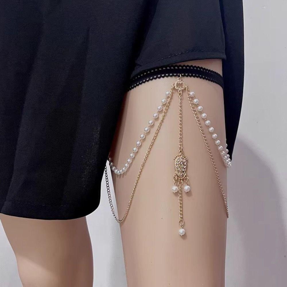 Layered Chains Elastic Band Leg Thigh Chain Rhinestone Pearl Leg Chain  Jewelry Accessories