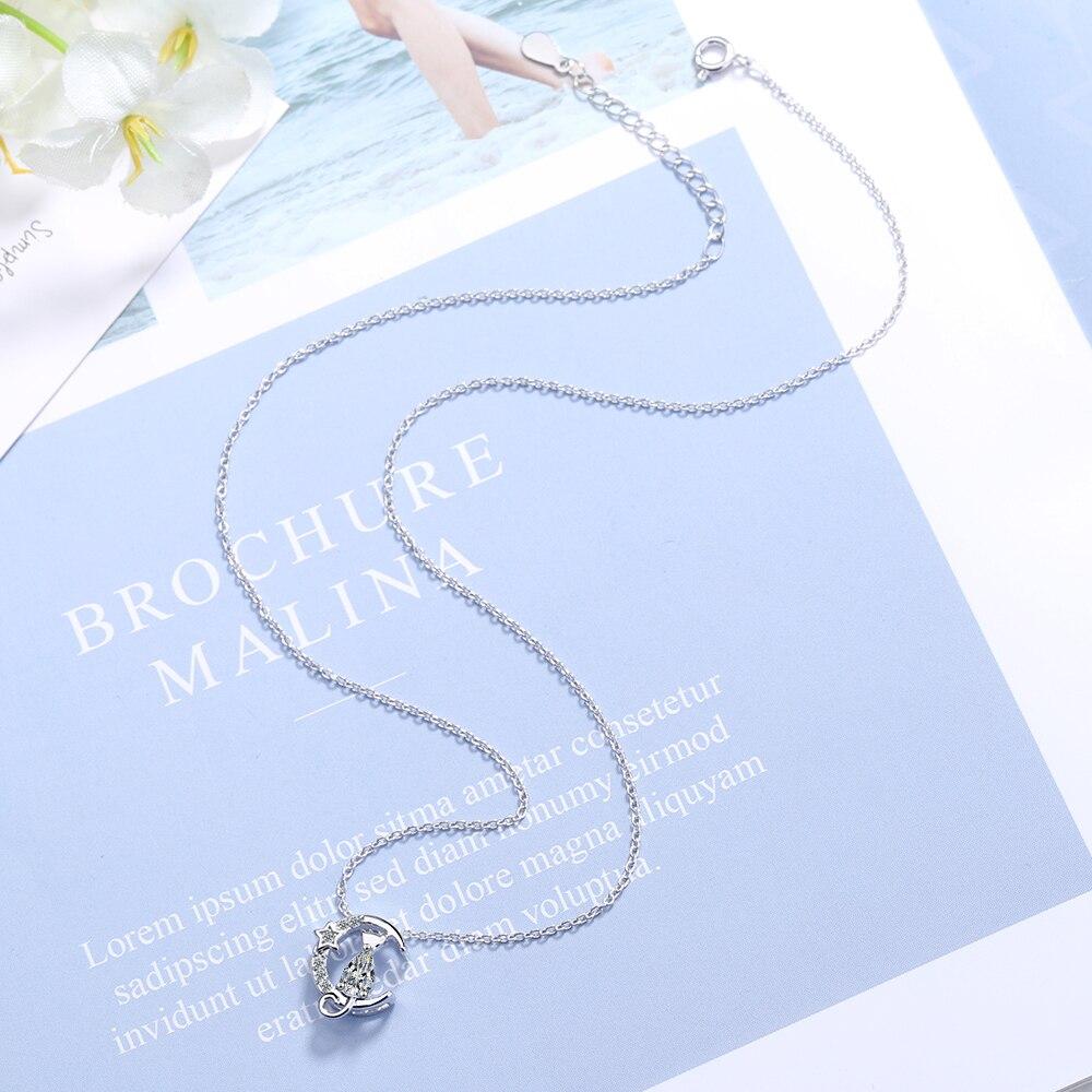 925 Sterling Silver Cute Moon Star Cat Charm Pendant Necklace Sparkling Cubic Zircon Clavicle Chain Jewelry For Women S -N521