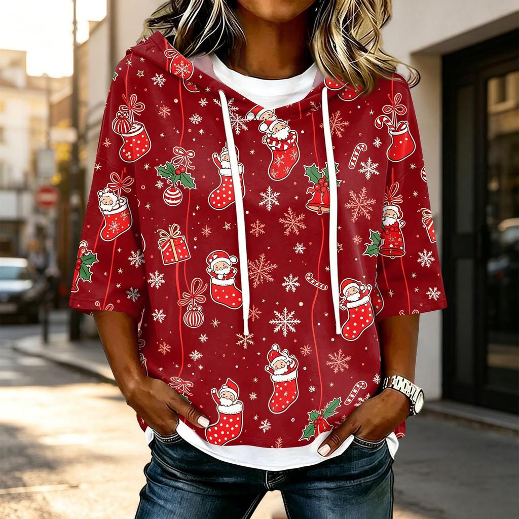Women's Casual 3/4 Sleeve Hooded Christmas T-Shirt for Holiday Parties and Everyday Wear