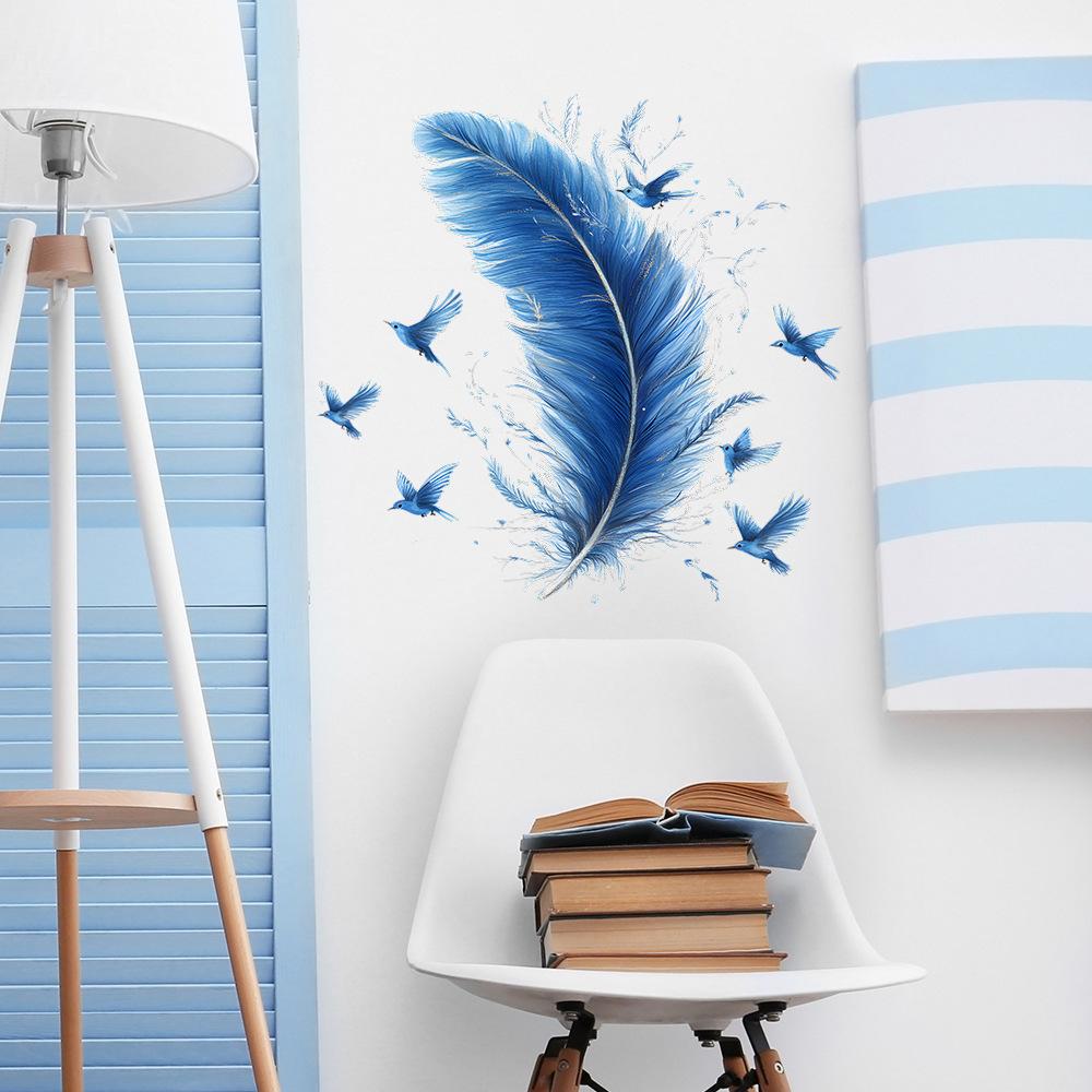Simple Blue Feather Bird Bedroom Living Room Home Background Beautification Decoration Wall Stickers