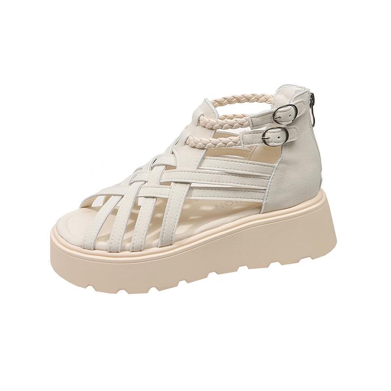 

Platform Roman Sandals Summer New French Round Toe Open Toe Cutout Breathable Rear Zip Bag Heel Anti-Slide Heel Shoes 35