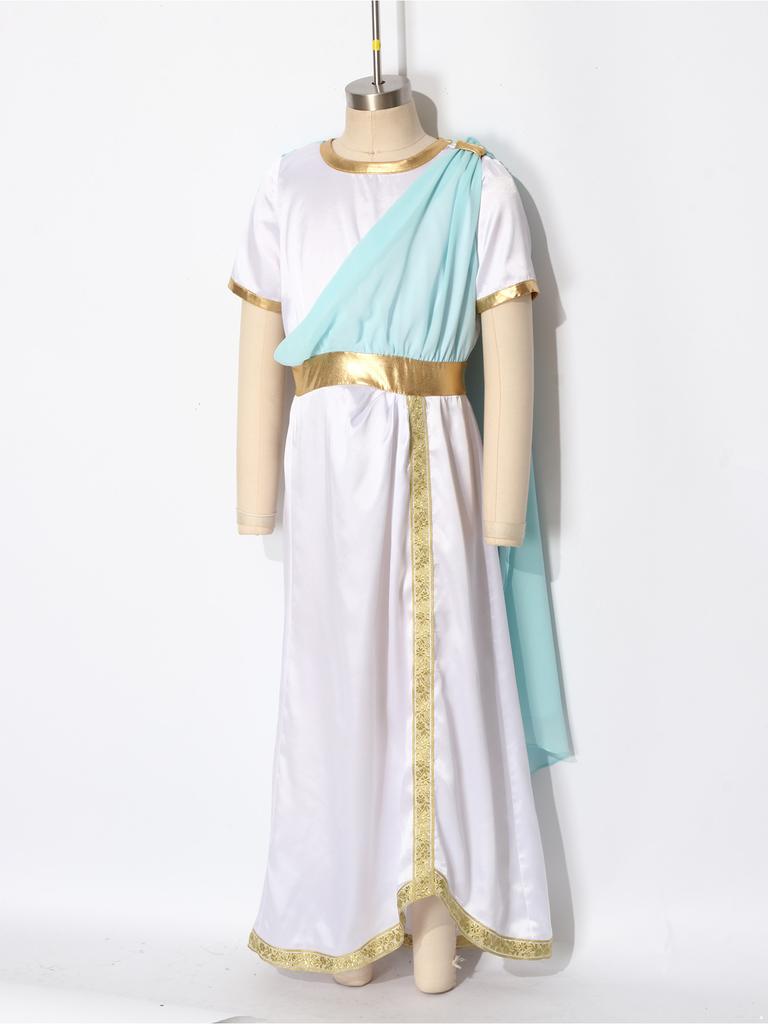 Kids Girls Ancient Greek Toga Costume Draped Shawl Satin Robe Short Sleeve Metallic Waist Embroidered Trim for Halloween Cosplay