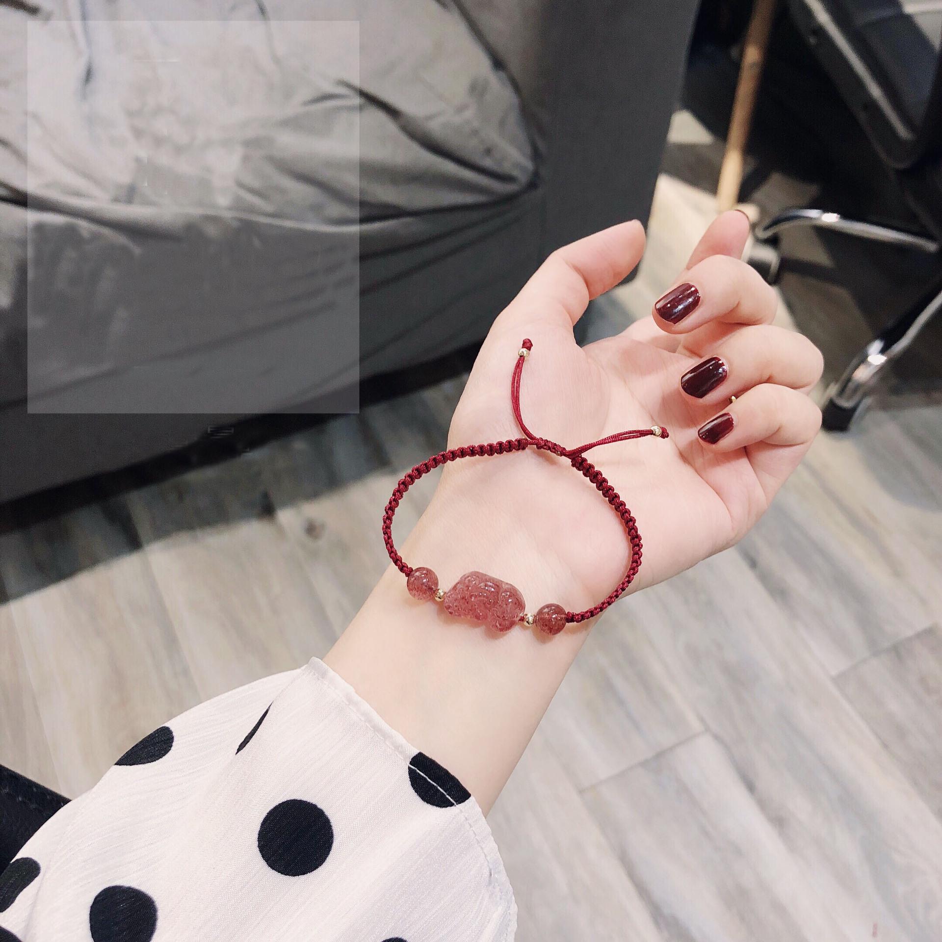 

Strawberry Crystal Pixiu Woven Bracelet, Red String Pink Crystal, Birthday Gift for Girls -