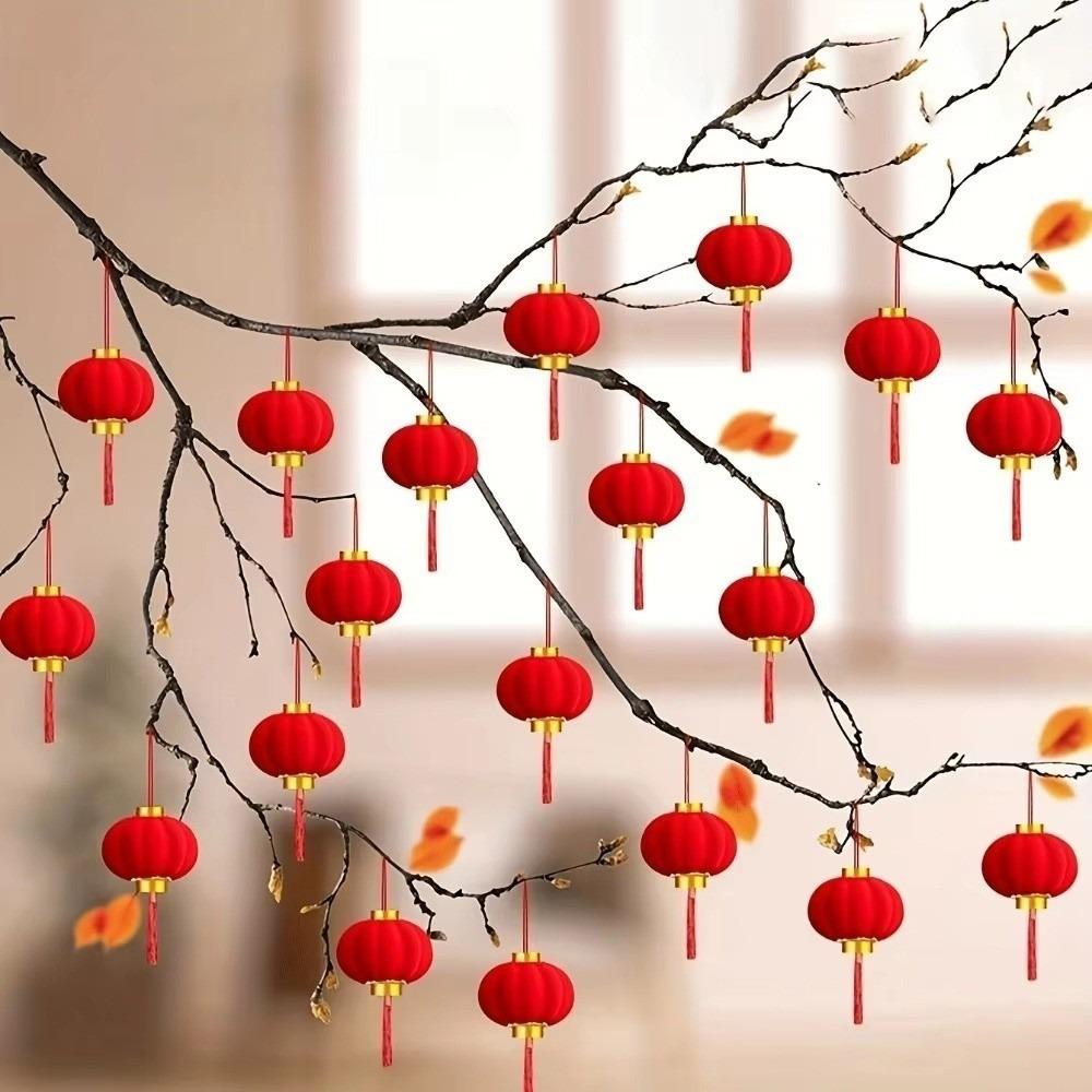 

30Pcs Flocking Chinese Lantern with Tassel Cartoon Red Lanterns Round Hanging Ornaments Chinese New Year Lantern 4inch