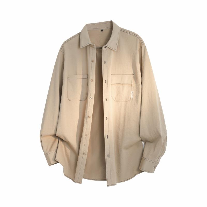 

Spring And Autumn Men S Solid Color Lapel Long Sleeve Shirt Men S Loose Casual Shirt Jacket M хаки