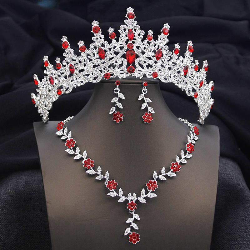 3 pcs Pink Bridal Jewelry Sets for Women Crown Flower Choker Necklace Earring Wedding Tiara Bride Costume Accessories
