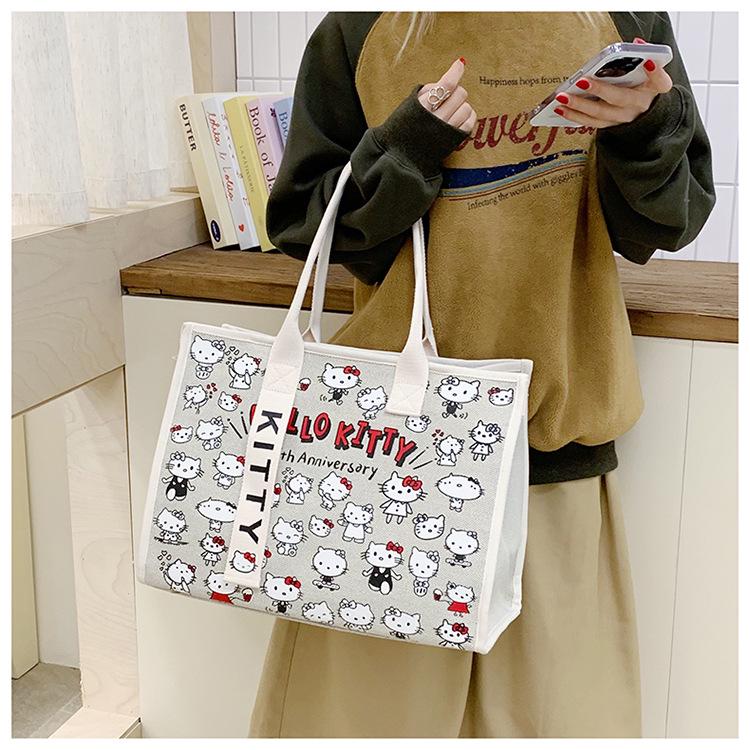 Large Capacity Korean Cartoon Cat Canvas Crossbody & Tote Bag