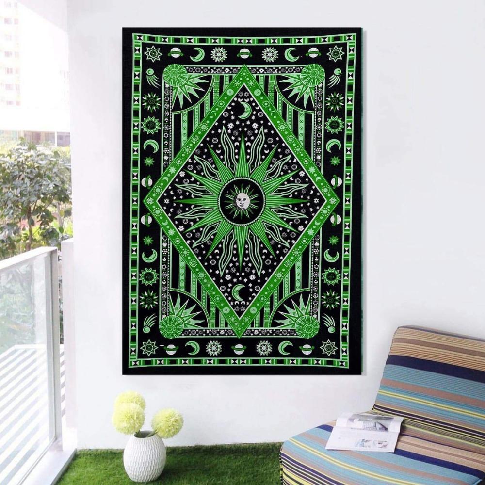BLESS INTERNATIONAL Handmade Indian Hippie Bohemian Psychedelic Celestial Sun Moon Wall Hanging Bedding Tapestry (Black/Green)