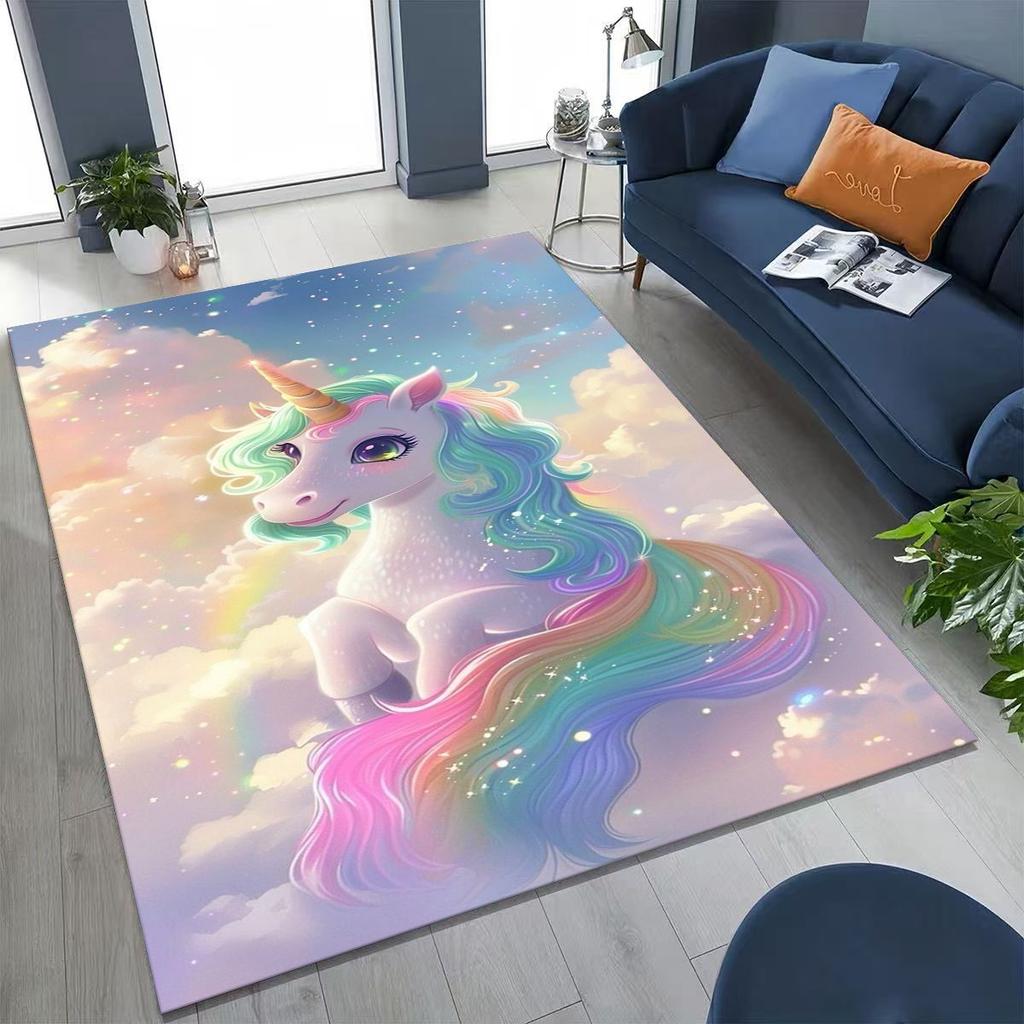 Cartoon Rainbow Unicorn Elves Girl Gift Rug for Bedroom Living Room Sofa Home Doormat Decor, Large Kid Play Non-slip Floor Mat