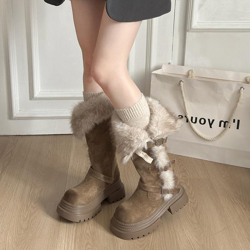 Winter Plateau Dicker Boden Pelzfutter Damen Ritter Hohe Stiefel Modische Gürtelschnalle Stripper Party Schuhe Damen Lange Stiefeletten