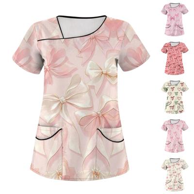 Women's Fashion Bow Printed Short Sleeve Care Workwear With Double Pockets Top